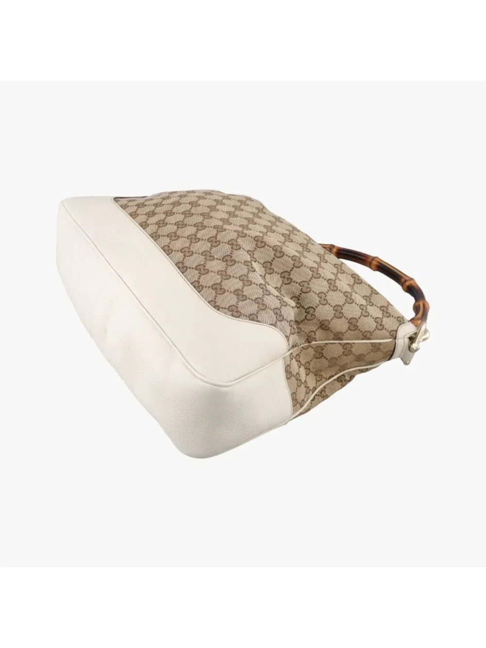 Gucci Bamboo Beige White Canvas Leather Shoulder Bag